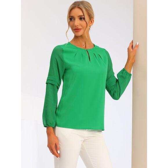 Work Tops Chiffon Shirt Semi Sheer Keyhole Neck Blouse Bright Green - Picture 3 of 6